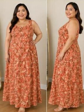 Charter Club Orange Patterned Sleeveless Maxi Dress 100% silk